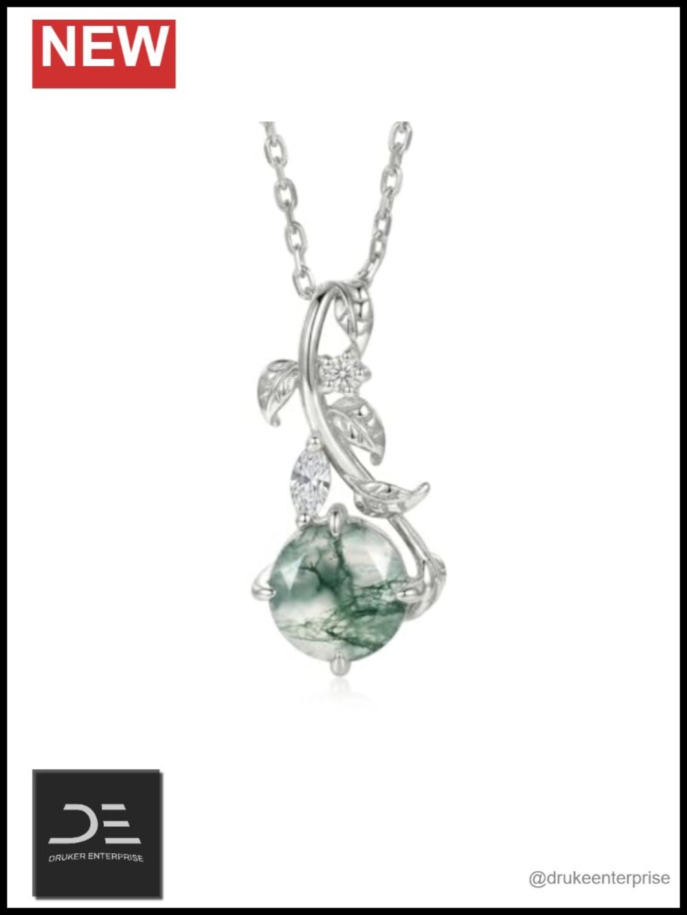925 Sterling Silver Natural Moss Agate Pendant Necklace for Women, 18" Chain